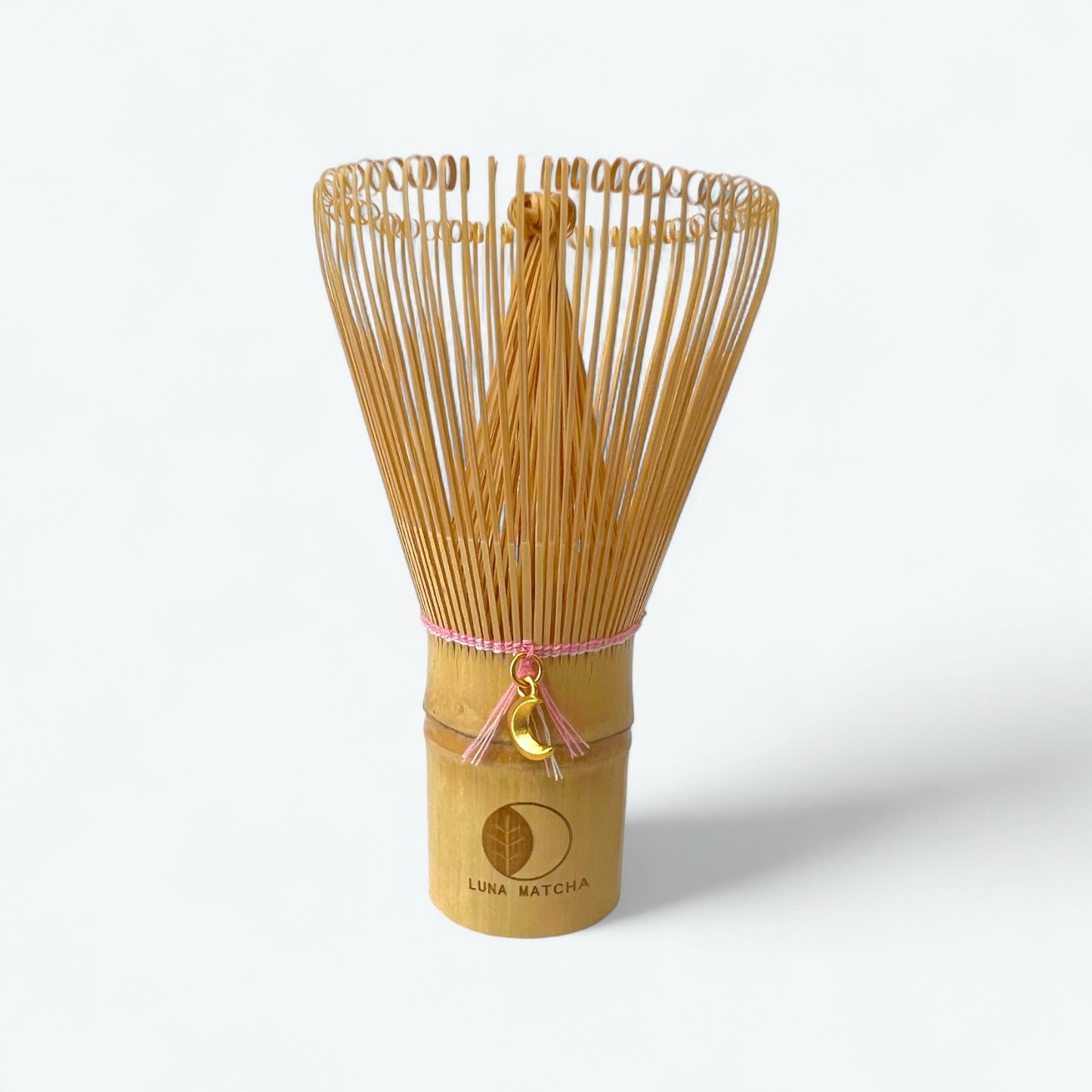 Bamboo Matcha Whisk with Pink String & Moon Charm – 100 Prongs