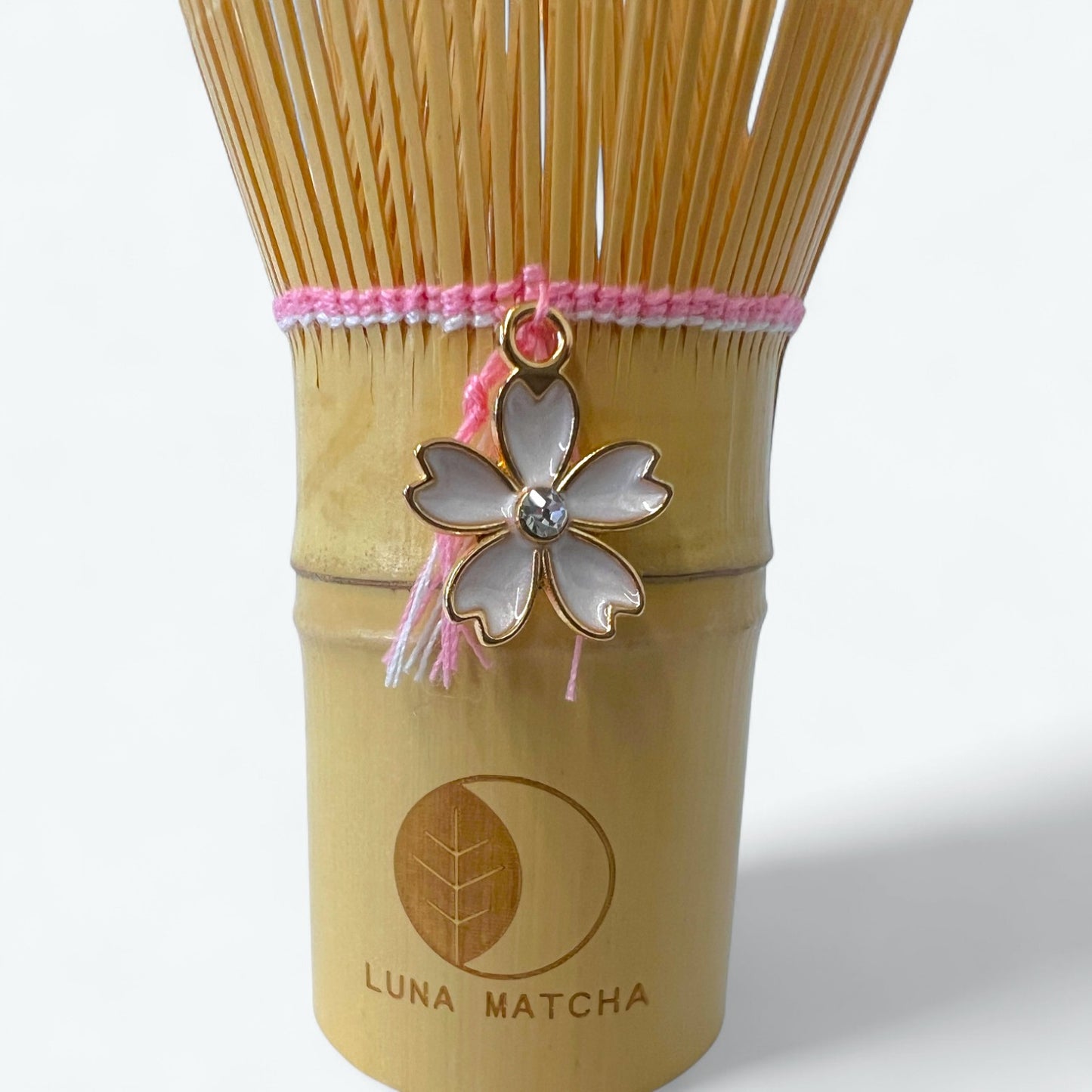 Bamboo Matcha Whisk with Pink String & Cherry Blossom (Sakura) Charm – 100 Prongs