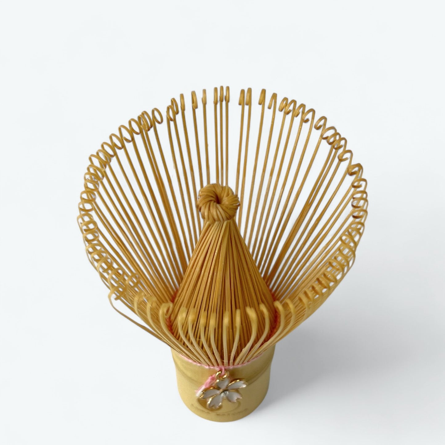 Bamboo Matcha Whisk with Pink String & Cherry Blossom (Sakura) Charm – 100 Prongs