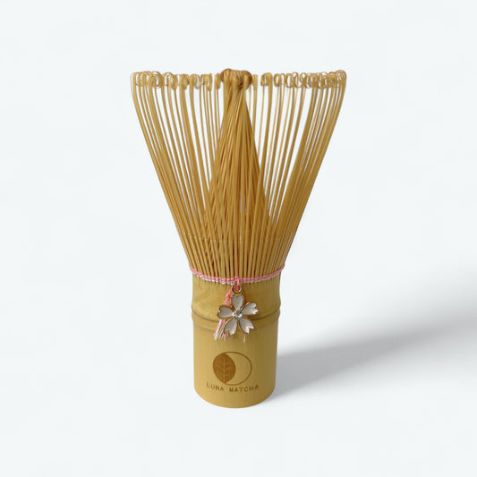 Bamboo Matcha Whisk with Pink String & Cherry Blossom (Sakura) Charm – 100 Prongs