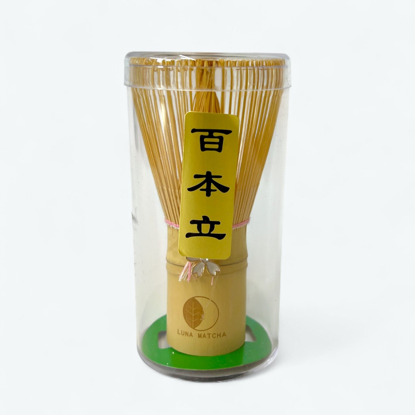 Bamboo Matcha Whisk with Pink String & Cherry Blossom (Sakura) Charm – 100 Prongs