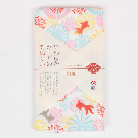 Premium Gauze Tenugui Towel - Fireworks and Goldfish