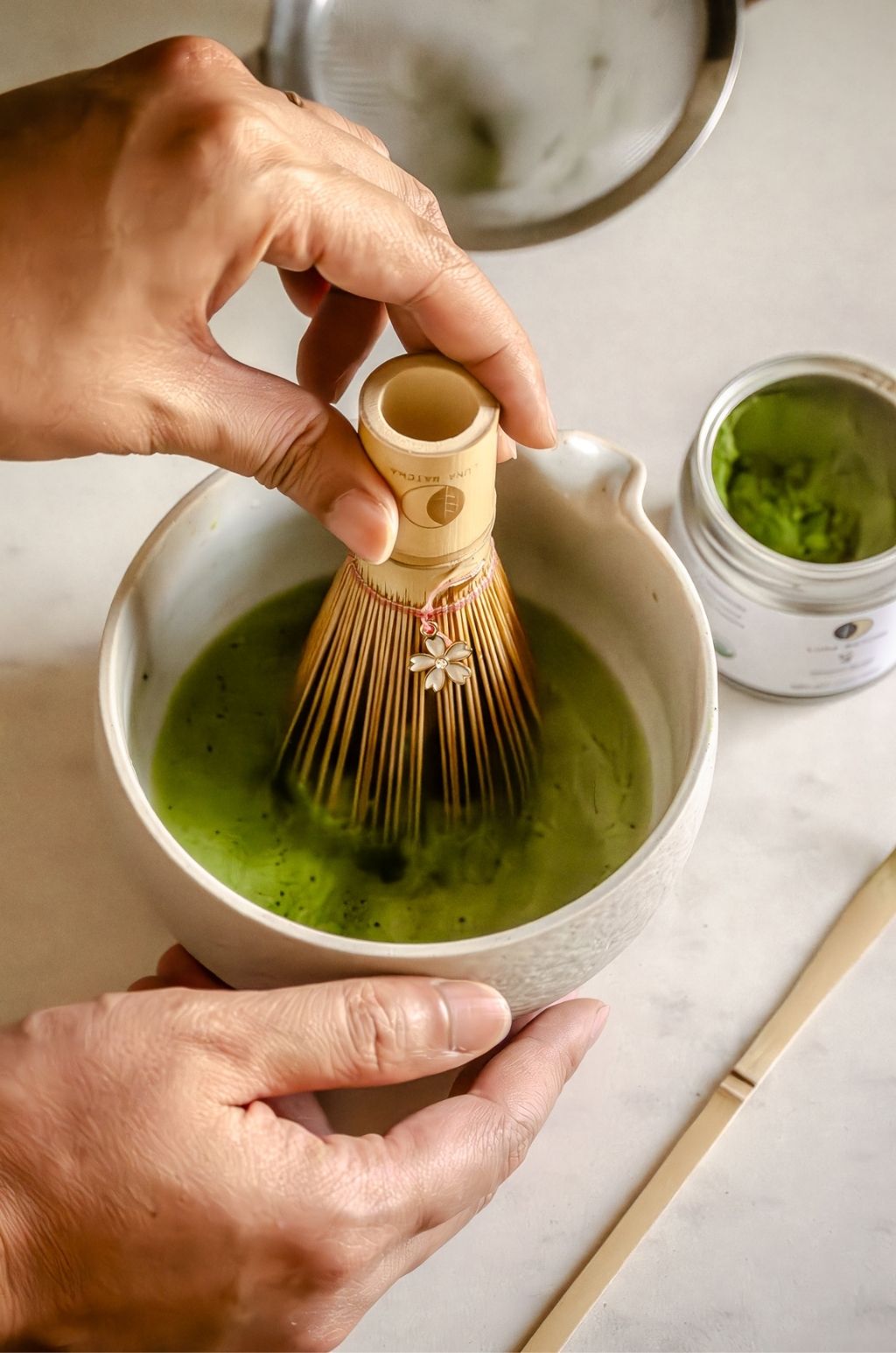 Bamboo Matcha Whisk with Pink String & Cherry Blossom (Sakura) Charm – 100 Prongs