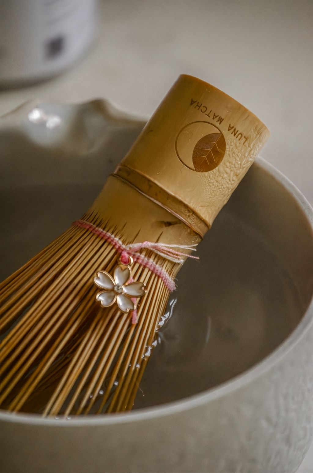 Bamboo Matcha Whisk with Pink String & Cherry Blossom (Sakura) Charm – 100 Prongs