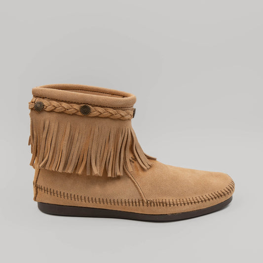 Minnetonka - High Top Back Zip Taupe Fringe Moccasin Boots